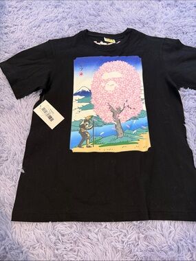 Bape Black Tee with Pink Cherry Blossom Tree Graphic